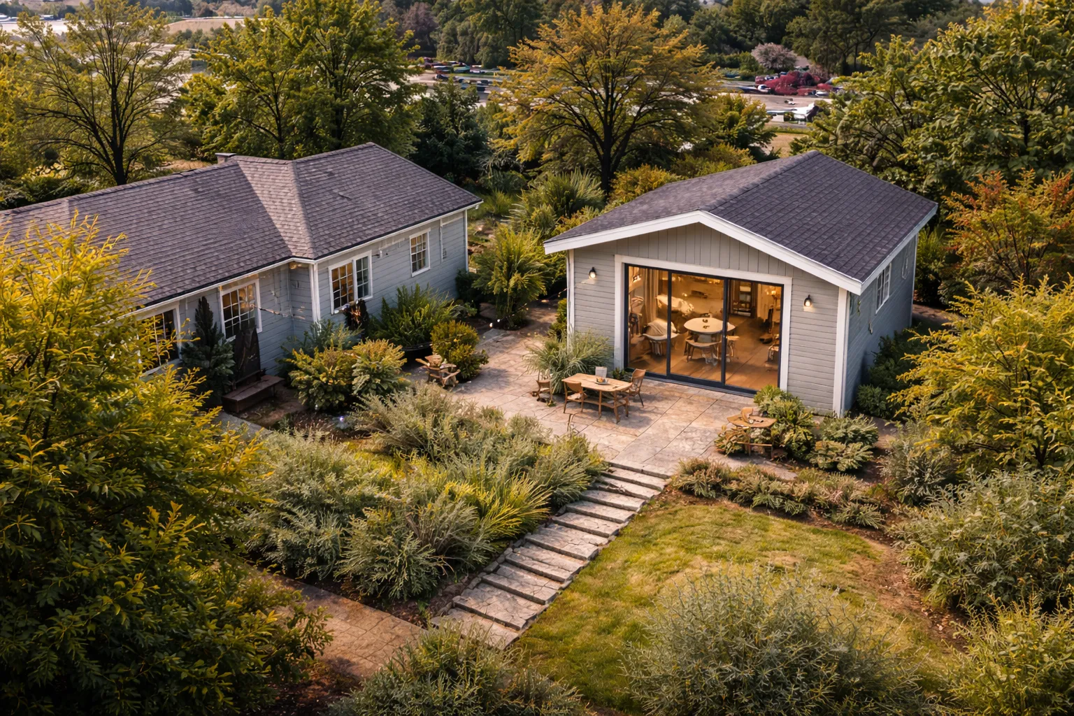 Aerial view of a Bay Area residential property showing a main house and detached ADU in the backyard.
